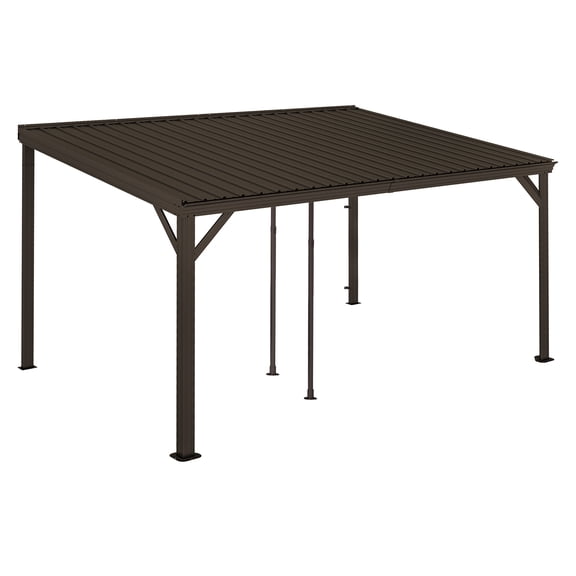 Wanling 10x14FT Lean-to Gazebo with Galvanized Steel Roof and Gutters, Permanent Wall Mounted Shelter for Deck and Patio, Brown
