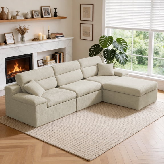 Wanling Corner Chaise Sofa with High Backrest, L-Shaped Couch with Slub Chenille Fabric, Compressed High-Density Sponge Cushion, Space-Saving No-Assembly Sofa for Living Room, Apartment Greenish Gray