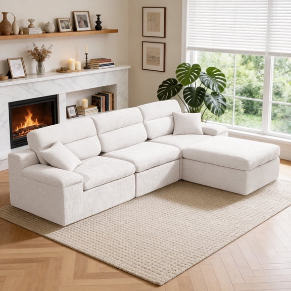 Wanling Corner Chaise Sofa with High Backrest, L-Shaped Couch with Slub Chenille Fabric, Compressed High-Density Sponge Cushion, Space-Saving No-Assembly Sofa for Living Room, Apartment Beige