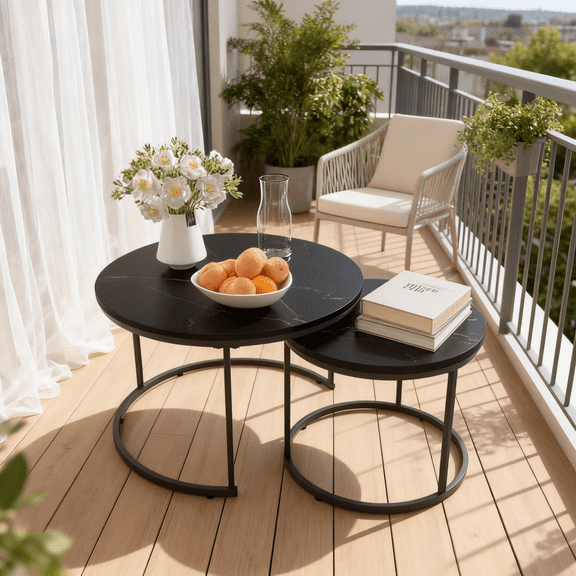 Wanling Nesting Coffee Table Set of 2, 27.6inch Round Coffee Table Wood Marble Pattern Top with Sturdy Metal Frame, End Table Side Tables for Living Room Bedroom Balcony Yard (Black) Black