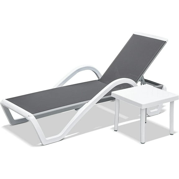 Wanling Patio Chaise Lounge, Adjustable Aluminum Pool Chair with Armrests, All-Weather Outdoor Recliner with Plastic Table (Gray, 1 Chair + 1 Table)
