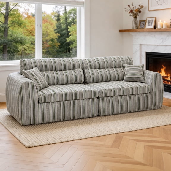 Wanling Woven Chenille Striped Compression Sofa, Straight Row Compact Couch with High-Density Sponge, No-Assembly Required Space-Saving Sofa for Living Room, Apartment, Office White and Sage