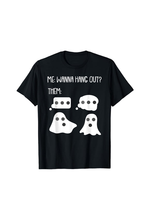Wanna Hang Out Lazy Halloween Costume Funny Ghost Ghosted Short Sleeve Round Neck Black T-shirt