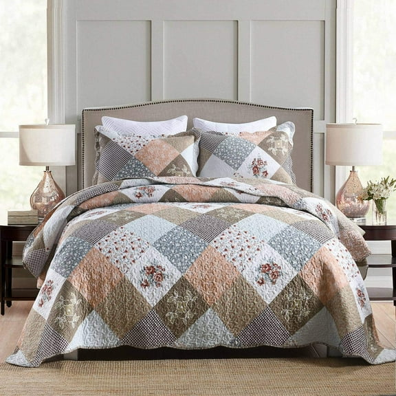 WannaToo Brown Rose Floral Patchwork Microfiber Quilt, King - Reversible