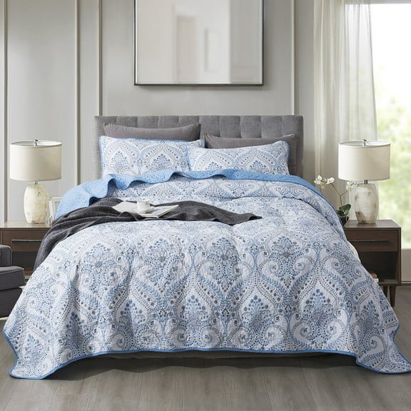 WannaToo Quilt King Size Comforter Cotton Bedding Set With Shams, Blue & White