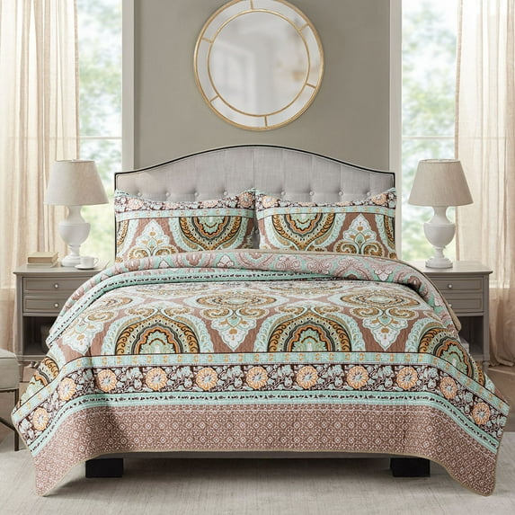 WannaToo Quilt King Size Comforter Cotton Bedding Set With Shams, Brown