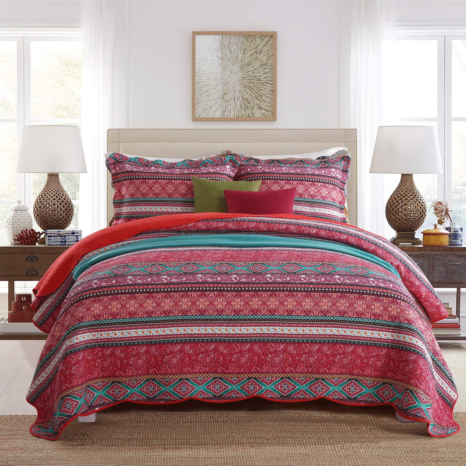 Rose Red Twin Bohemian Microfiber Quilt Set with Pillow Case