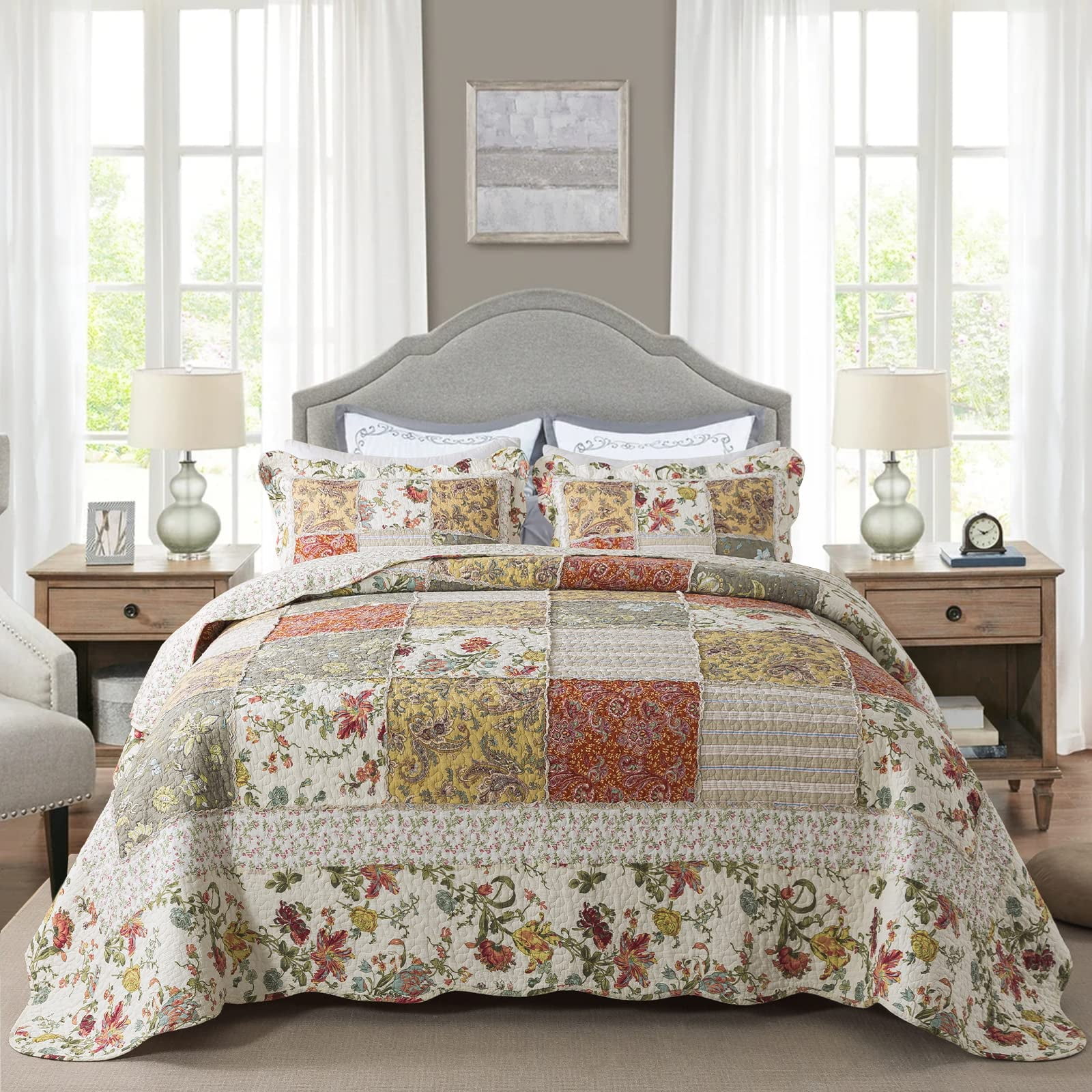 WannaToo Cotton Bedspread Quilt Set for All Season, Beige Patchwork, Queen