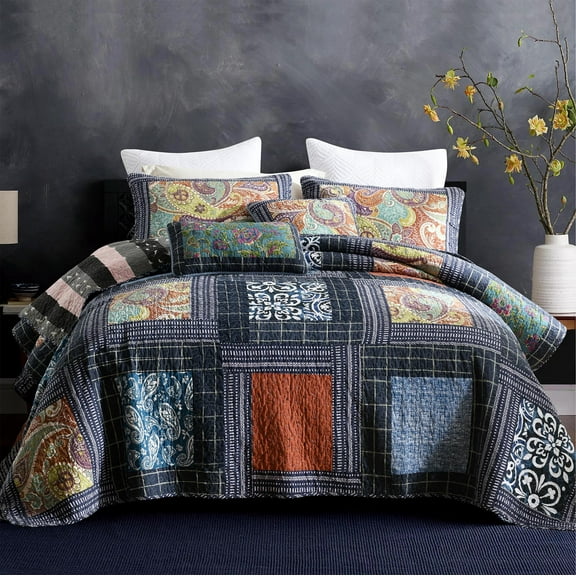 WannaToo Cotton Bedspread Quilt Set for All Season, Blue Patchwork, Queen