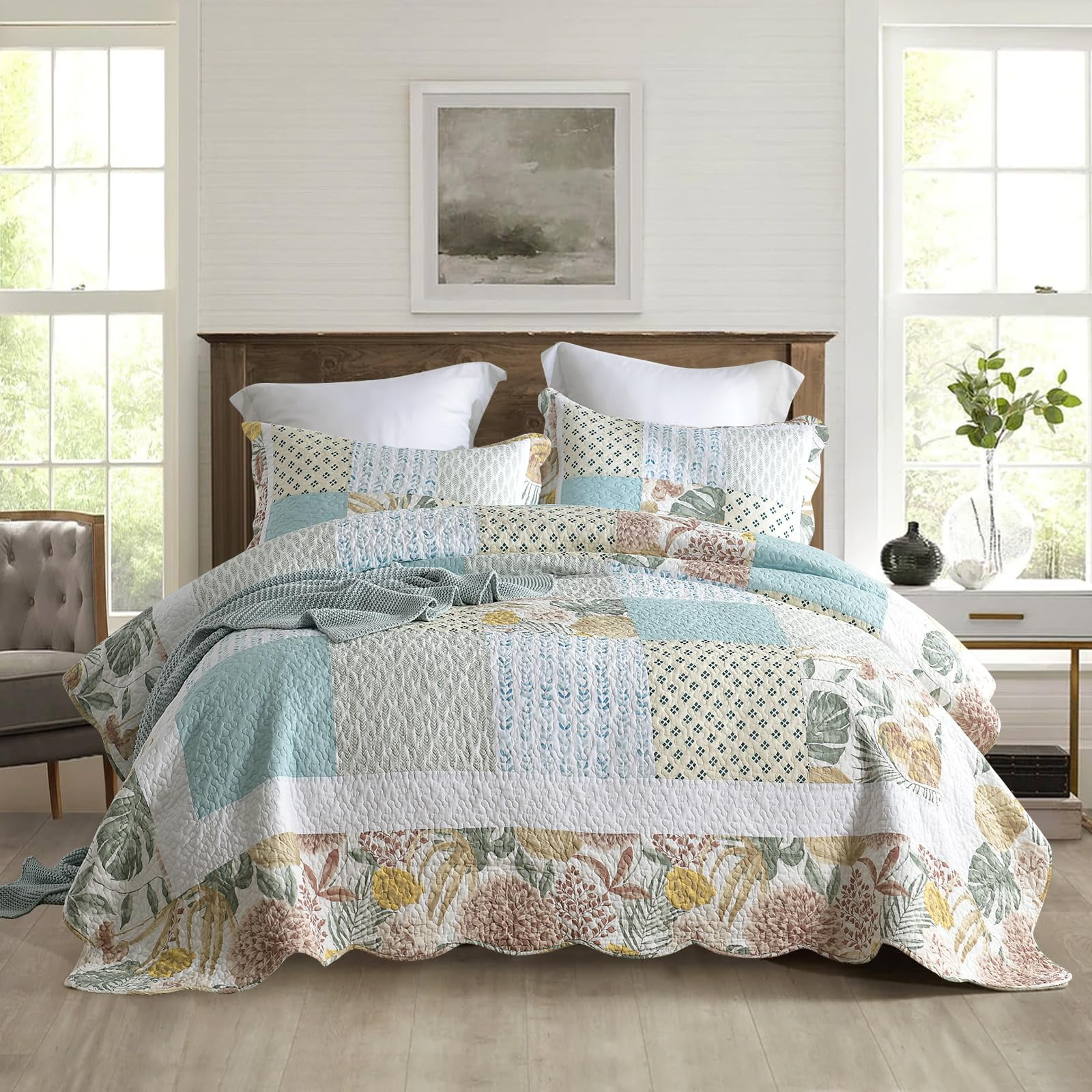 WannaToo Cotton Bedspread Quilt Set for All Season, Light Green Patchwork, Queen