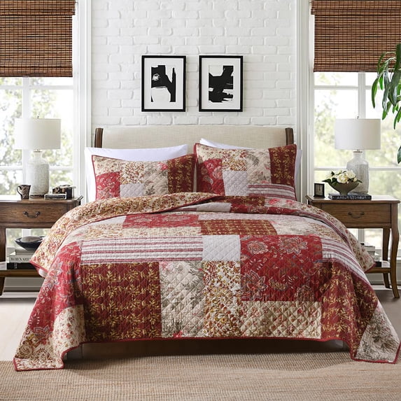 WannaToo Cotton Bedspread Quilt Set for All Season, Red Patchwork, Queen