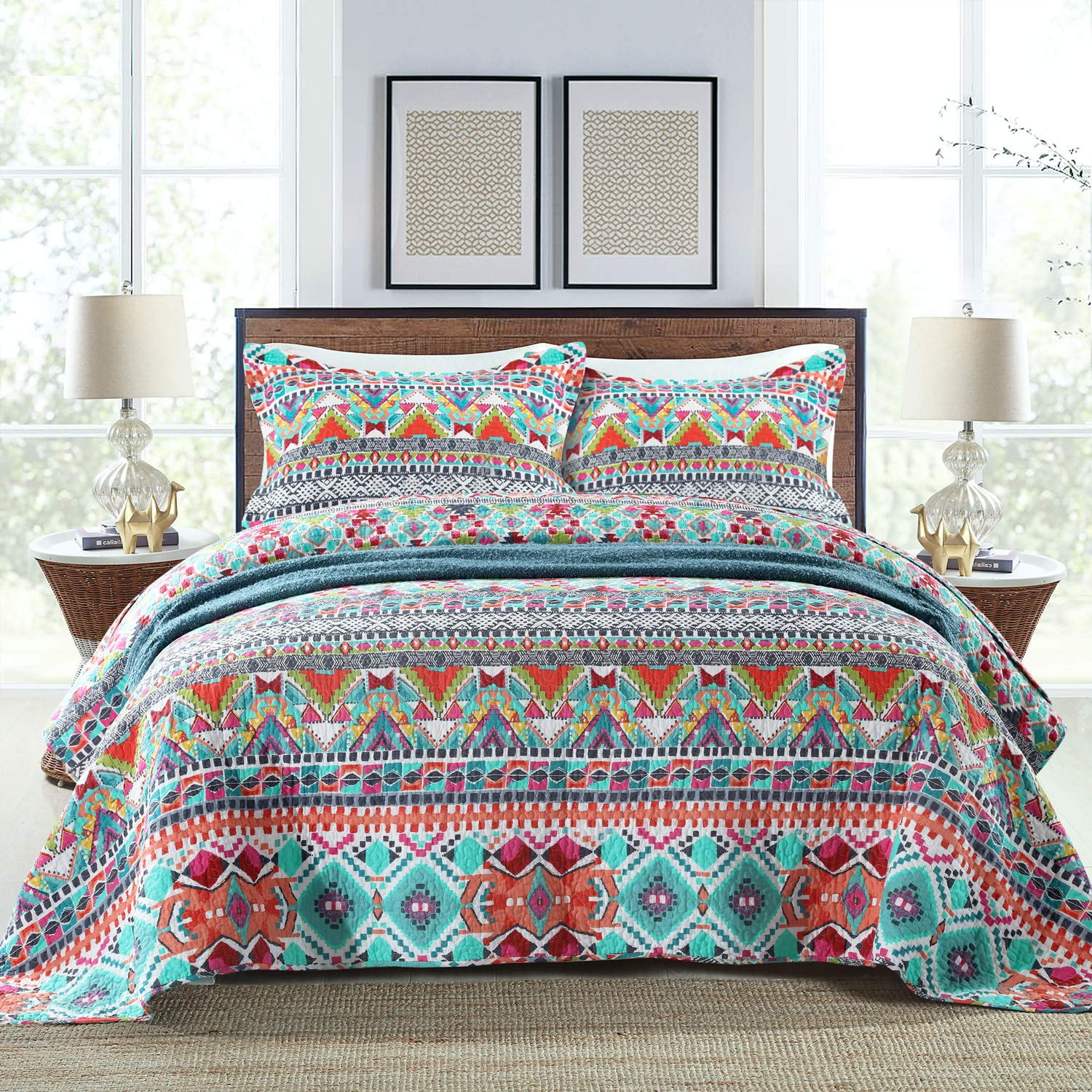 WannaToo King Size Quilt Comforter Cotton Bedding Set With Shams, Blue and Red