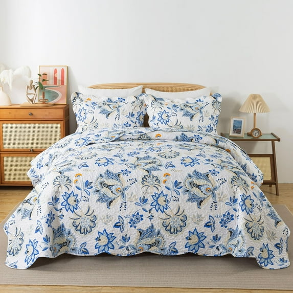 WannaToo Queen Size Quilt Comforter Cotton Bedding Set With Shams, Blue Flower