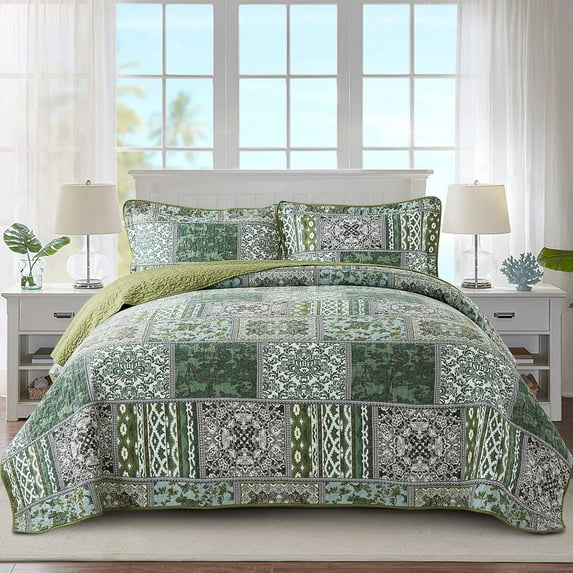 WannaToo Quilt Comforter Cotton Bedding Set With Shams, Vintage Green, King