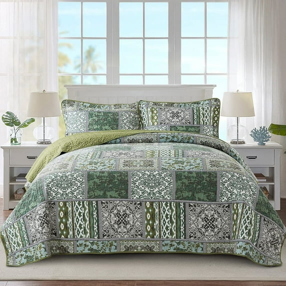 WannaToo Quilt Comforter Cotton Bedding Set With Shams, Vintage Green, Queen