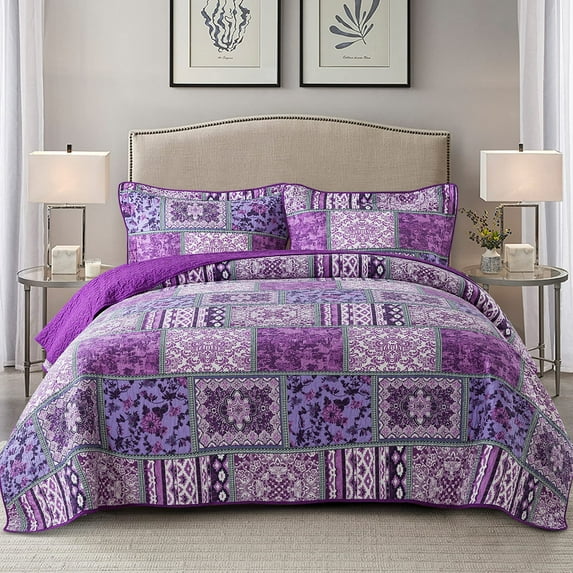 WannaToo King Size Quilt Comforter Cotton Bedding Set With Shams, Vintage Purple