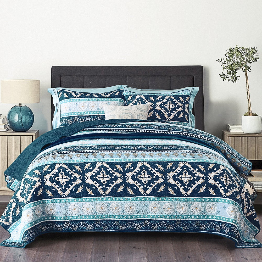 WannaToo Quilt King Size Comforter Cotton Bedding Set With Shams, Navy Blue