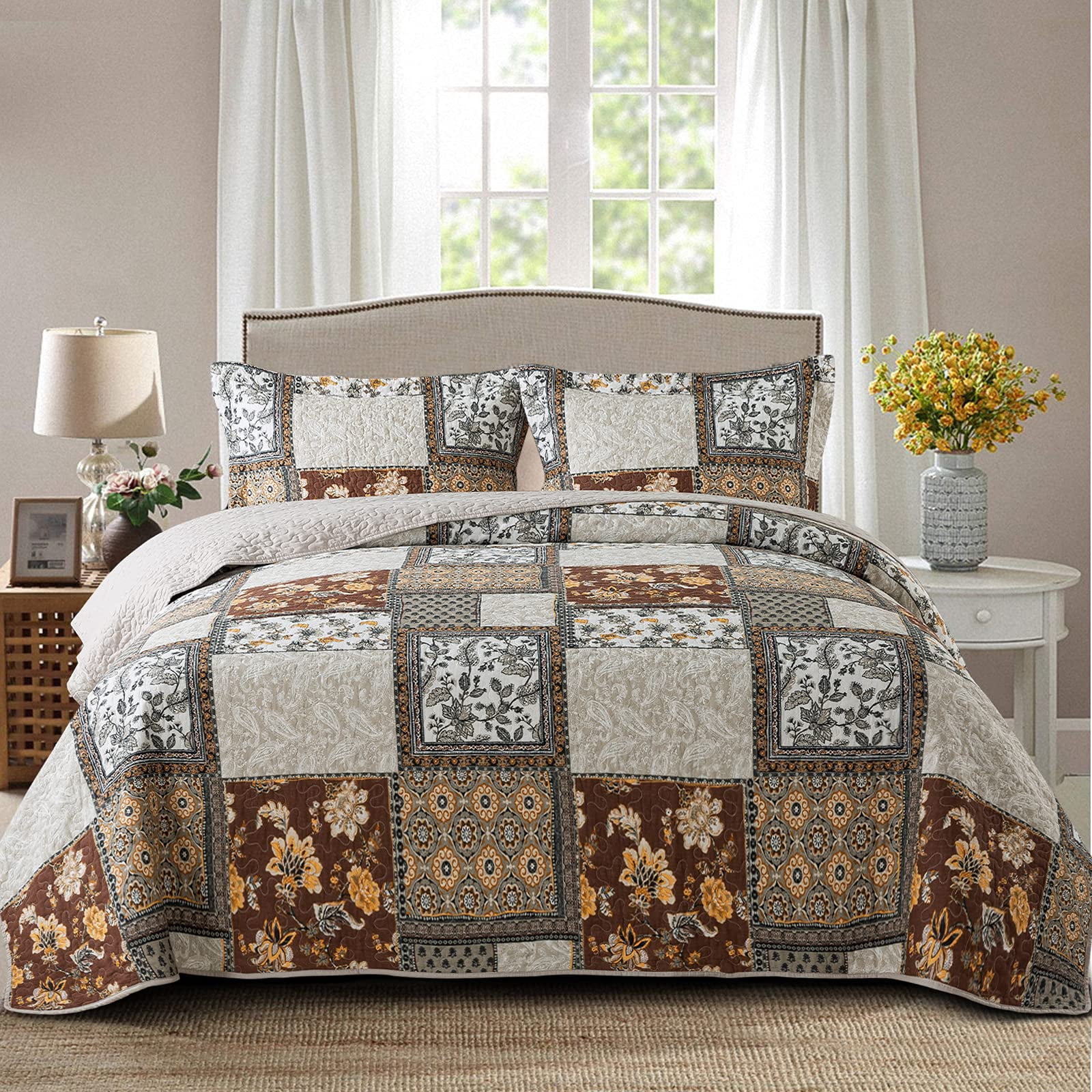 WannaToo Quilt Queen Size Comforter Cotton Bedding Set With Shams, Coffee