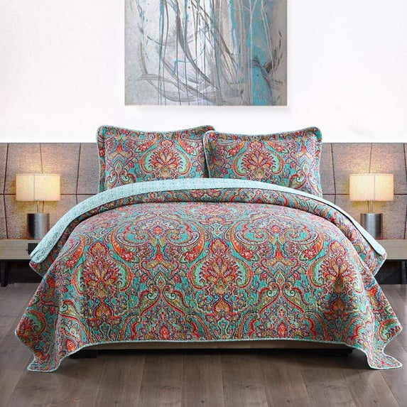 WannaToo Quilt Queen Size Comforter Cotton Bedding Set With Shams, Red and Blue Floral