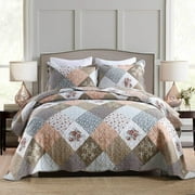 WannaToo Quilt Set 3 Piece Microfiber Quilts Reversible Bedspreads Patchwork Coverlets Floral Bedding Set All Season, Brown Rose, Queen size