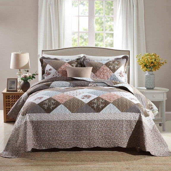 WannaToo Quilt Set 3 Piece Microfiber Quilts Reversible Bedspreads Patchwork Coverlets Floral Bedding Set All Season, Splicing Mocha Rose, Queen size