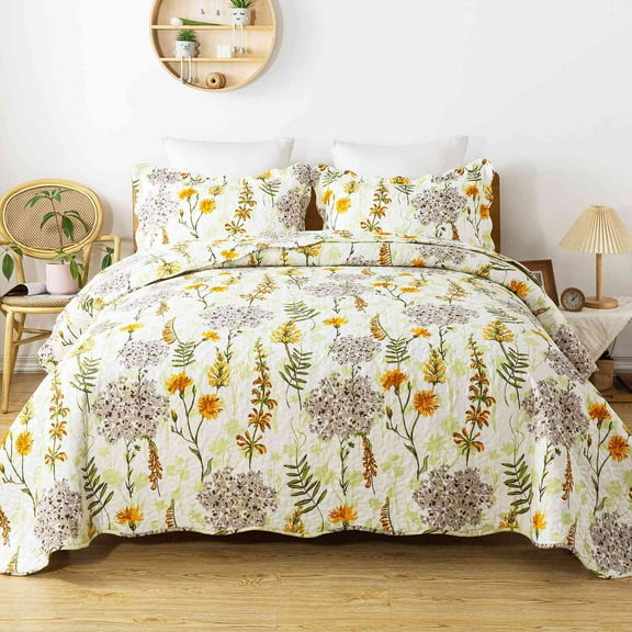 WannaToo Quilts King Size - 3 Piece Microfiber Quilt set Reversible Bedspreads Patchwork Coverlets Floral Bedding Set All Season, Yellow