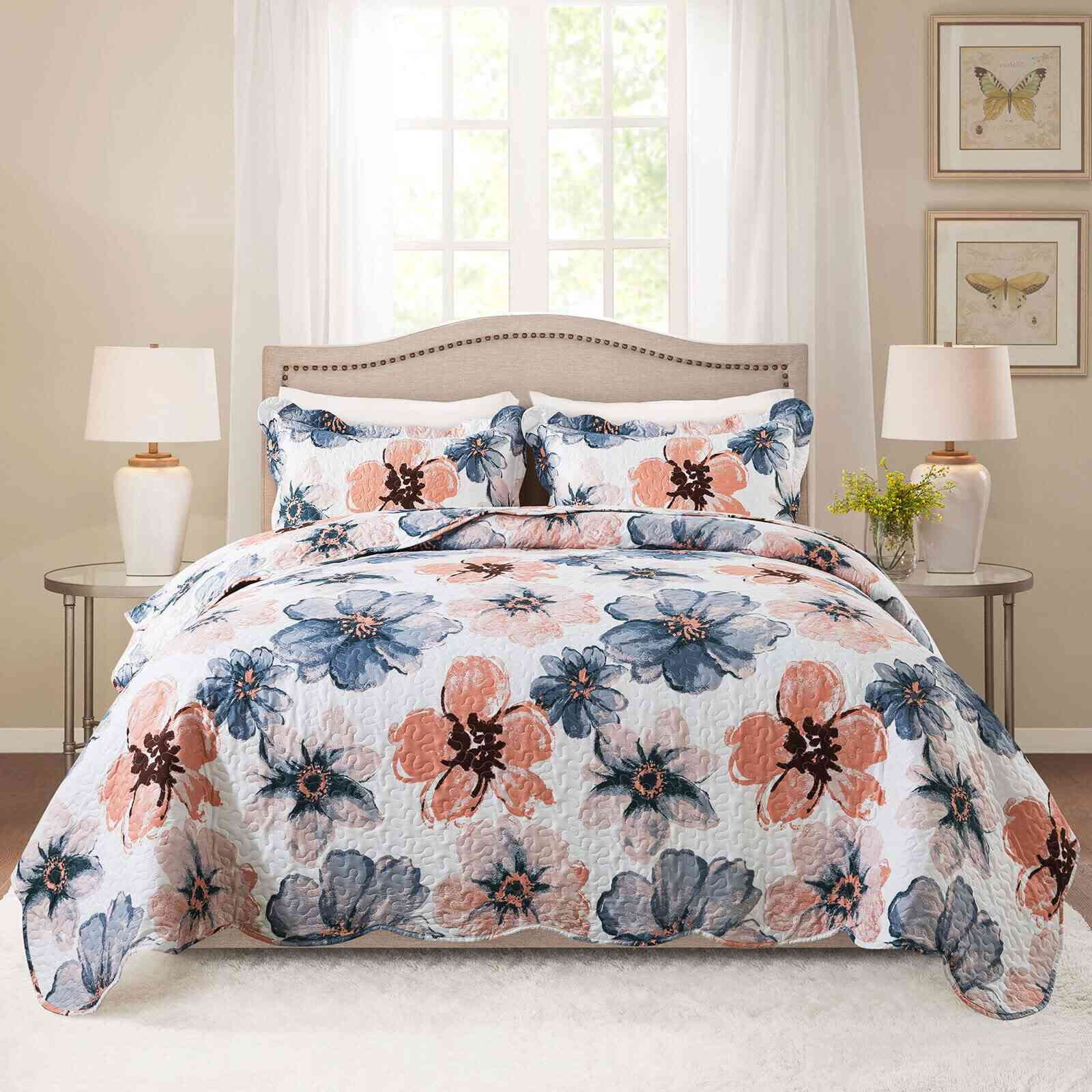 WannaToo Quilts Queen Size - 3 Piece Microfiber Quilt set Reversible Bedspreads Patchwork Coverlets Floral Bedding Set All Season, Blue and Pink