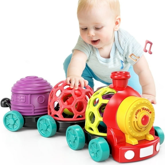 Wanonoo Baby Car Toys for 1 Year Old Boy Gifts, Musical Train Toy for Toddlers 1-3 Soft Rattles Push Developmental Baby Boy Toys for 6-12 12-18 Months Birthday Christmas Gifts for Toddler 1-3