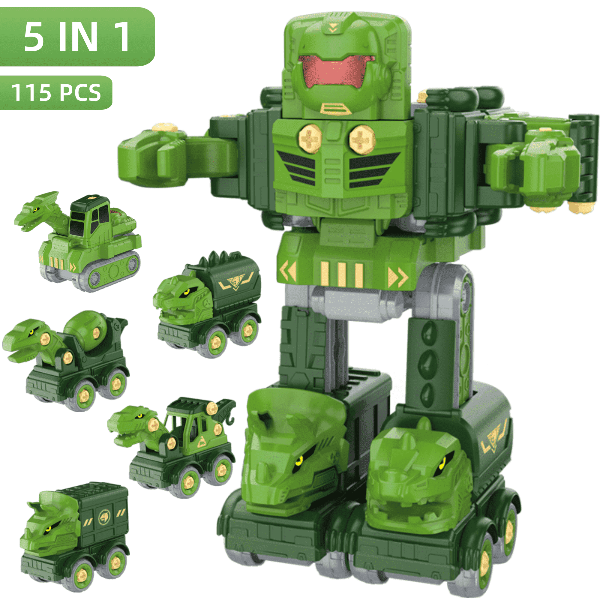 Wanonoo Toddler Robot Construction Vehicles Set, 5Pcs Transforming Dinosaur Robots for Kids, 5-in-1 Educational STEM Toys Gifts for Kids Ages 3 4 5 6 Years Old