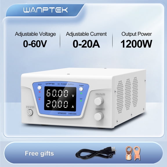 Wanptek Adjustable DC power supply 0–60 V 0–20 A, high-power regulated benchtop power supply 1200 W with output buttons for laboratory