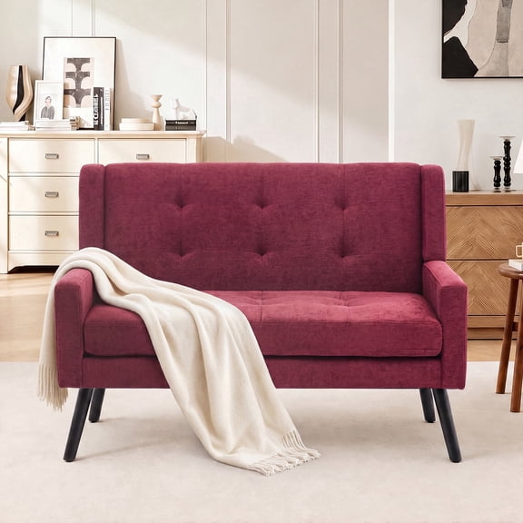 Wansaly 46.85" 2‑Seat Loveseat, Mid‑Century Tufted Linen Comfy Couch with Solid Wood Legs, Red, for Small Space and Apartment