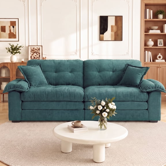 Wansaly 84" Loveseat Couch with Deep Seats, Chenille 2-Seater Sofa with Soft Sponge &2 Pillows, Cloud Upholstered Comfort for Living Room, Retro Green