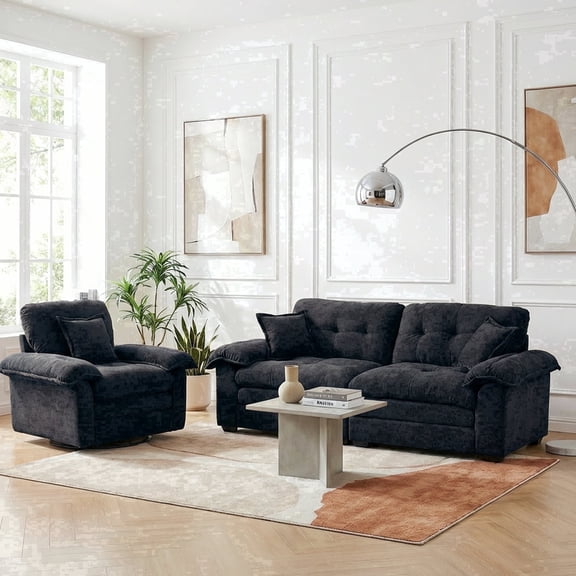 Wansaly 2-Piece Corduroy Sofa Set, 84" Loveseat and 360° Swivel Chair, Soft Sponge Deep Seat, Black