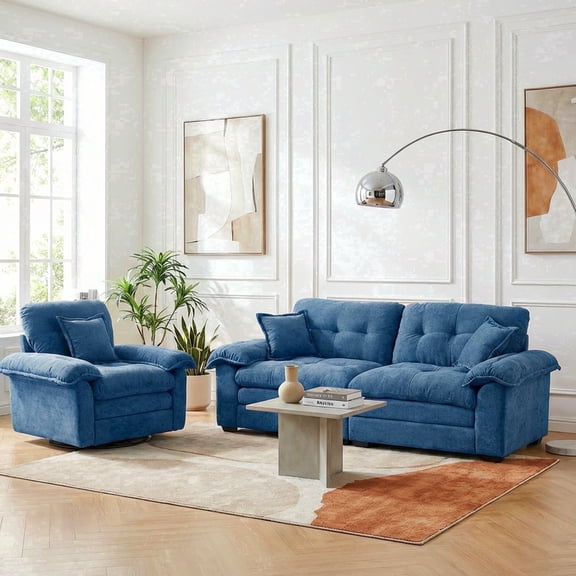 Wansaly 2-Piece Chenille Sofa Set, 84" Loveseat and 360° Swivel Chair, Soft Sponge Deep Seat, Blue, 2-Piece Set