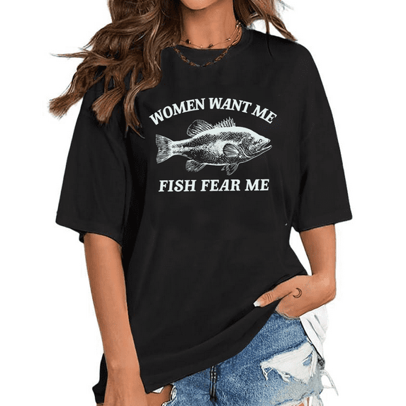 Want Me Fish Fear Me Lettering Print Tshirts Vintage Fish Graphic Tees Fashion Fishing Short Sleeve Casual Tops Cotton Shirts for Daily Outfits Black,L