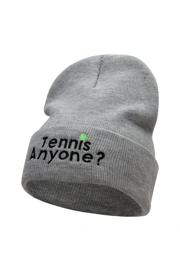 Want To Play Tennis Question Embroidered Long Knitted Beanie - Heather Grey OSFM