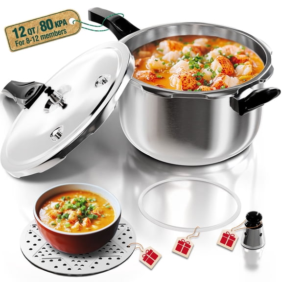WantJoin 12QT Stainless Steel Pressure Cooker with Spring Valve Safeguard Devices, Induction & Gas Cooker Compatible