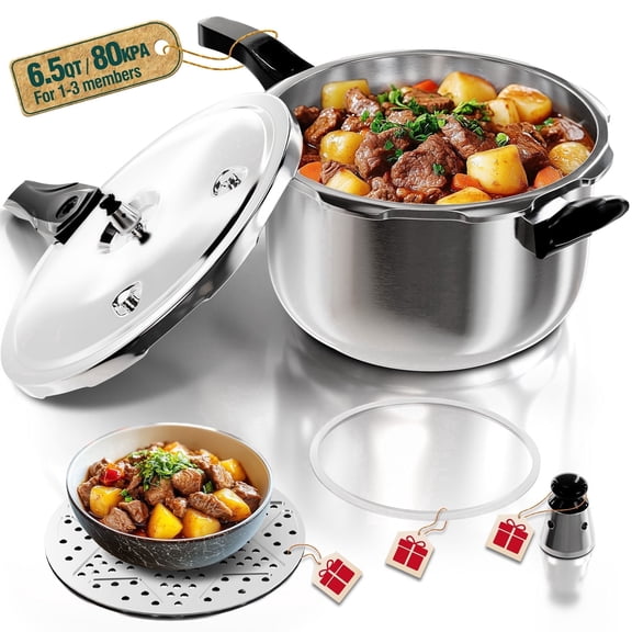 WantJoin 6.5QT Stainless Steel Pressure Cooker with Spring Valve Safeguard Devices, Induction & Gas Cooker Compatible