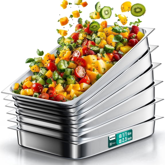 WantJoin Steam Table Hotel Pans 1/1 Full Size 2.5 Inch Deep 6 Pack, Stainless Steel Metal Tray Sets Food Storage Container for Restaurant Chafing Dishes Commercial Buffet Catering Supplies