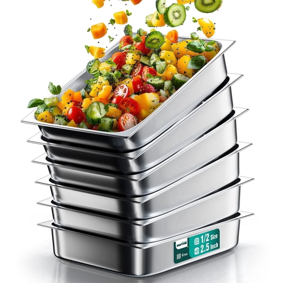 WantJoin Steam Table Hotel Pans 1/2 Half Size 2.5 Inch Deep 6 Pack, Stainless Steel Metal Tray Sets Food Storage Container for Restaurant Chafing Dishes Commercial Buffet Catering Supplies