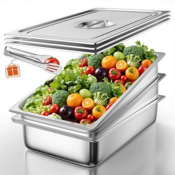 WantJoin Steam Table Hotel Pans with Lid 1/1 Full Size 4 Inch Deep 6 Pack, Thickened Stainless Steel Metal Tray Sets Food Storage Container, Restaurant Chafing Dishes Commercial Buffet Warmer