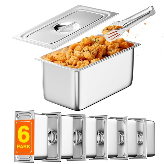 WantJoin Steam Table Hotel Pans with Lid 1/3 Third Size 6 Inch Deep 6 Pack, Thickened Stainless Steel Metal Tray Sets Food Storage Container Restaurant Chafing Dishes Commercial Buffet Warmer
