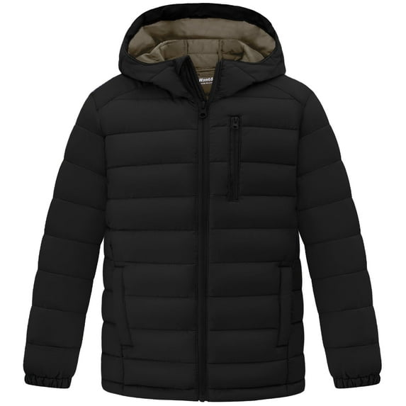 Wantdo Big Boy's Insulated Winter Jacket Lightweight Packable Quilted Coat with Hood Black 14-16
