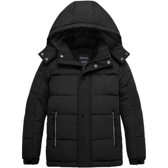 Wantdo Boy's Winter Coat Padded Puffer Jacket Windproof Winter Jacket Pure Black 18/20
