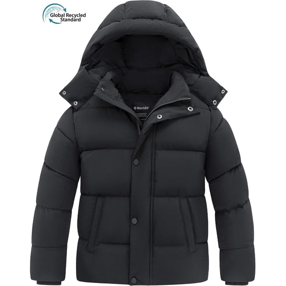 Wantdo Boy's Puffer Jacket Warm Winter Coat with Removable Hood Dark Gray 10/12