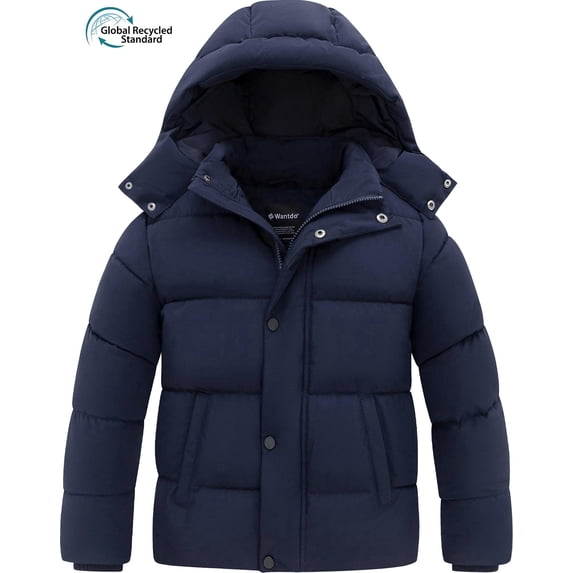 Wantdo Boy's Puffer Jacket Waterproof Winter Coat Windproof Winter Snow Jacket with Hood Navy 10/12