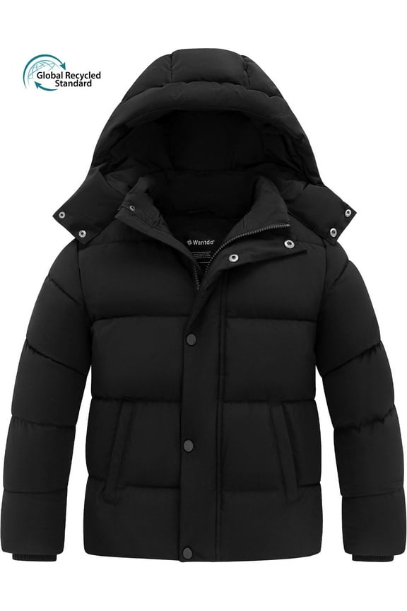 Boy's Recycled Puffer Jacket Warm Winter Coat Water Resistant Padded Winter Jacket with Removable Hood Black 8