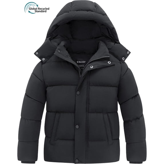 Wantdo Boy's Recycled Winter Coat Padded Winter Jacket Waterproof Puffer Jacket with Detachable Hood Dark Gray 8