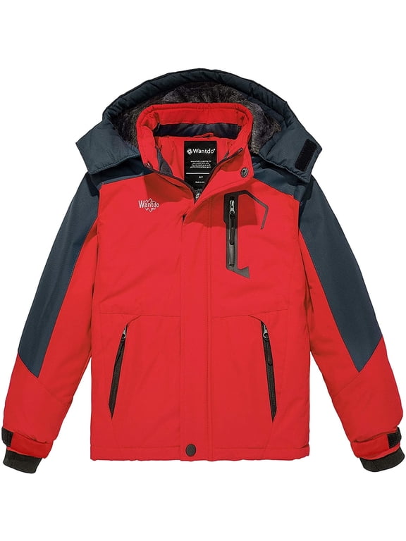Boy's Ski Jacket Waterproof Ski Coats Snow Jacket with Detachable Hood Red 10/12