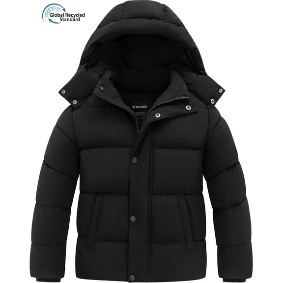 Wantdo Boy's Warm Winter Coat Recycled Insulated Hooded Puffer Jacket, Black, Size 10/12